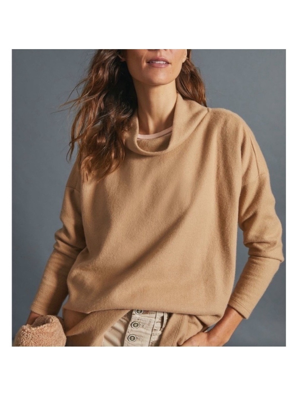 Anthropologie Theresa Mock Neck Tunic Pullover Sweater Top Camel Tan S